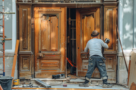 A worker meticulously installs a new door, showing professionalism and attention to detail. The old and new doors stand side by side, highlighting the transformation.の素材