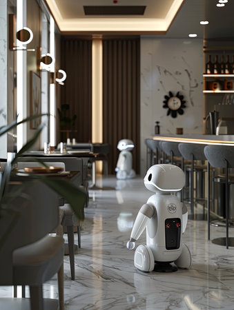 A modern restaurant or hotel uses AI-powered robots to enhance service quality, providing a sleek and professional experience for customers.の素材