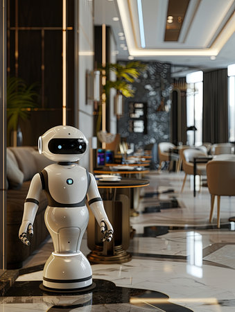 AI-powered robot serving customers in a sleek and modern restaurant. The robot provides enhanced service quality and customer experience.の素材