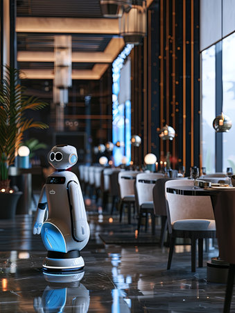 A white robot with blue accents stands in a sleek and modern restaurant, ready to serve customers.の素材