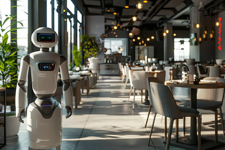 An AI-powered robot stands in a modern restaurant, offering exceptional service to customers.の素材