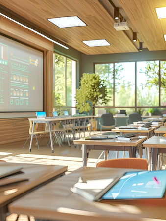A contemporary classroom featuring interactive panels and AI assistants to enhance the learning experience.の素材