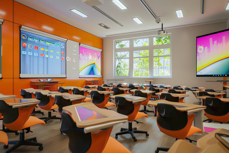 A contemporary classroom with interactive panels and AI assistants, designed to enhance student learning.の素材