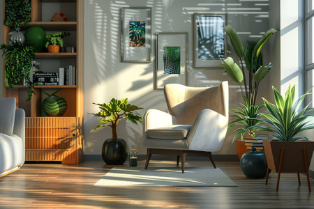 A newly renovated living room with modern furniture, stylish decor, and lush plants, showing a harmonious color scheme.の素材