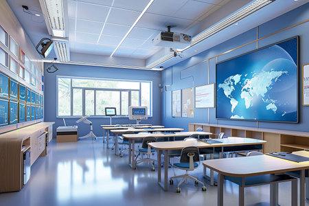 A modern, inviting classroom equipped with interactive panels and AI assistants, enhancing the learning experience for students.の素材