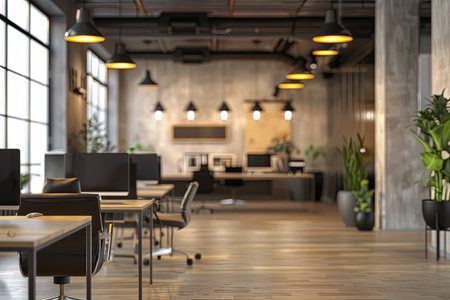 A modern office space is undergoing renovation, featuring new furniture, fresh paint, and updated lighting. The background showcases a professional and sleek work environment.の素材