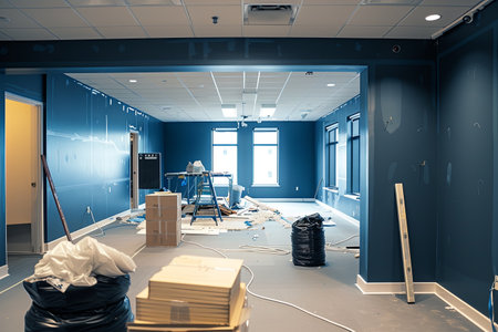 A modern office space is being renovated, showcasing new furniture, fresh paint, and updated lighting.の素材
