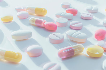 A close-up view of various colorful pills and capsules scattered on a clean white background, showing their texture and detail.の素材