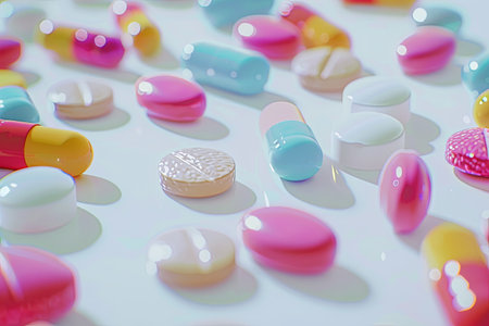 Close-up of colorful pills on white surface, highlighting texture and details of tablets for a clinical feel.の素材