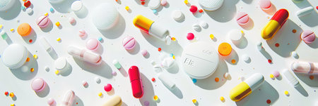 A close-up image showing a variety of colorful pills and capsules scattered on a clean white surface, highlighting their textures and details.の素材