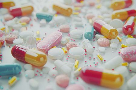 Close-up of colorful pills on white surface, highlighting texture and details for a clinical feel.の素材
