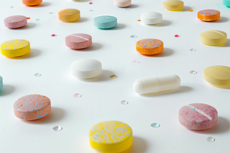 A close-up shot of various colorful pills and capsules scattered on a clean white background, highlighting the textures and details of the tablets.の素材
