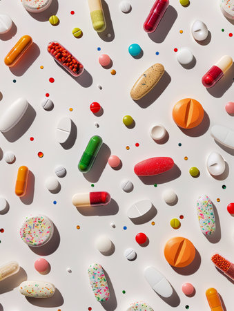 Close-up of colorful pills and capsules on a white surface, showing texture and detail for a bright clinical feel.の素材