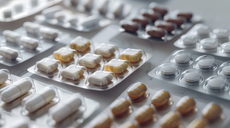 A close-up image of several blister packs containing various pills, neatly arranged on a white surface.の素材