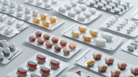 A detailed image of various pills in blister packs, arranged in an organized pattern on a white background.の素材