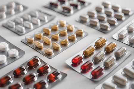 Close-up photo of various pills in blister packs, highlighting packaging and contents. Image emphasizes medication details and organization.の素材