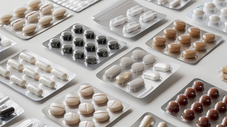 Close-up of pharmaceutical pills in blister packs, featuring different sizes, colors, and shapes. Shows organized and visually appealing packaging.の素材