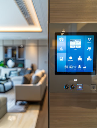 A modern home automation panel with touchscreen is mounted on a living room wall, displaying options for lighting, security, and climate control.の素材