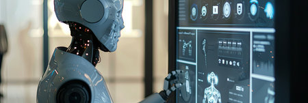 A humanoid robot with a touchscreen interface interacts with a human in a sleek, modern environment.の素材