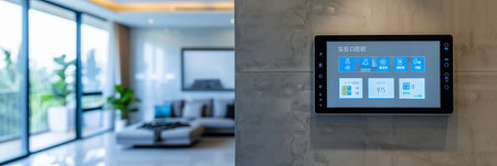 Modern control panel on living room wall with touchscreen interface for home automation options like lighting, security, and climate control.の素材