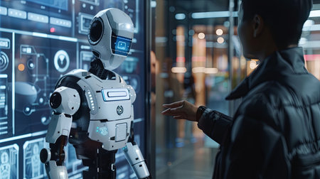 A white humanoid robot with a touchscreen interface stands in front of a person in a modern environment. The robots screen displays various AI functions and options.の素材