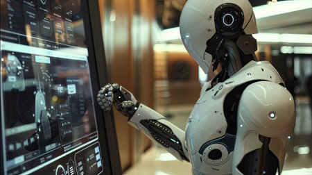 A humanoid robot with a white exterior interacts with a touchscreen interface in a sleek, modern setting.の素材