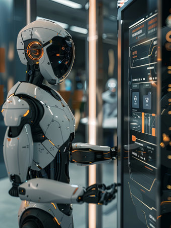 A humanoid robot with a touchscreen interface interacts with a human in a modern, sleek setting.の素材