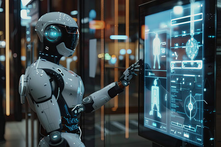 A humanoid robot with a sleek, white exterior interacts with a touchscreen interface in a modern setting, showcasing advanced AI capabilities.の素材