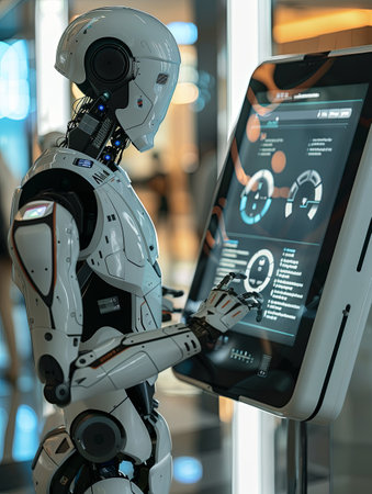 White and black humanoid robot in modern setting uses touchscreen interface displaying AI functions.の素材