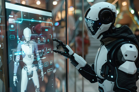 A humanoid robot with a sleek, white design interacts with a touchscreen interface, displaying various AI functions and options. The robot is located in a modern setting.の素材