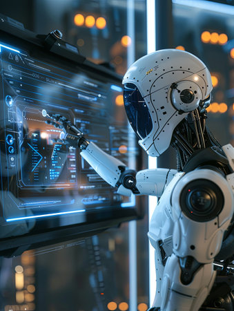 A humanoid robot with a sleek, white exterior interacts with a touchscreen interface, displaying various AI functions and options, in a futuristic, modern setting.の素材