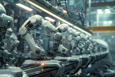 A row of robotic arms work in a clean and efficient high-tech manufacturing plant, optimizing production processes with AI.の素材