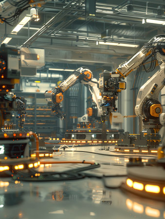 A clean, efficient, industrial facility with robotic arms and automated systems controlled by AI, optimizing production processes.の素材
