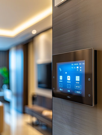 A modern touchscreen control panel offers home automation options like lighting and security. Its mounted on a sleek wall in a smart home.の素材