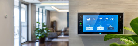 A sleek touchscreen panel mounted on a wall in a modern smart home. The screen displays home automation options such as climate control, security, and lighting.の素材
