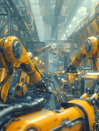 A futuristic factory with robotic arms and automated systems working efficiently on an assembly line.の素材
