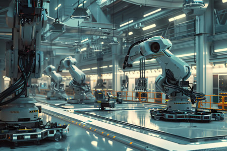 A row of robotic arms perform automated tasks within a clean and efficient high-tech manufacturing plant.の素材