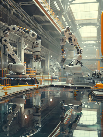 State-of-the-art manufacturing facility with robotic arms, AI control, and optimized for high-tech production in a clean and efficient environment.の素材