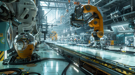 A futuristic, clean, and efficient manufacturing plant showing automated systems and robotic arms controlled by artificial intelligence.の素材