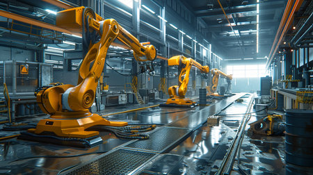 An industrial setting featuring a line of robotic arms working in a high-tech manufacturing plant.の素材