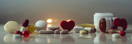 A close-up view of various heart medications, including pills, capsules, and a heart rate monitor. The image emphasizes the importance of medication in managing heart disease.の素材