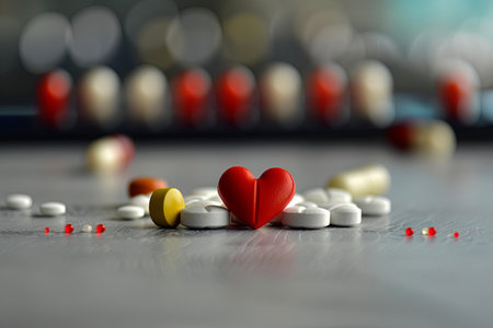 A close-up of heart medications, including pills, capsules, and a heart rate monitor, arranged on a clean surface.の素材
