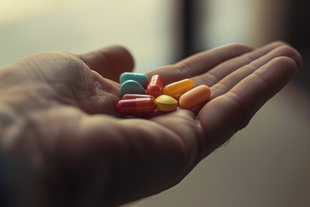 A close-up shot of an open palm with colorful pills resting on it. The background is softly blurred, creating an intimate and caring atmosphere.の素材