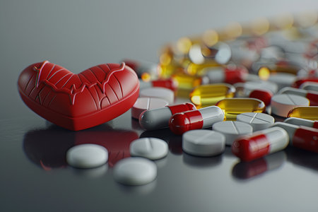 A close-up image featuring a variety of heart medications, including pills, capsules, and a heart rate monitor, arranged on a clean surface.の素材