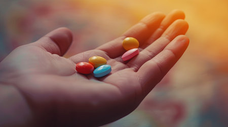Close-up shot of colorful pills resting on an open palm, with a blurred background.の素材