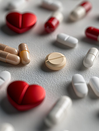 Various heart medications, including pills and capsules, are arranged on a clean surface.の素材