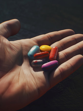 A close-up shot of colorful pills resting in an open palm against a softly blurred background.の素材