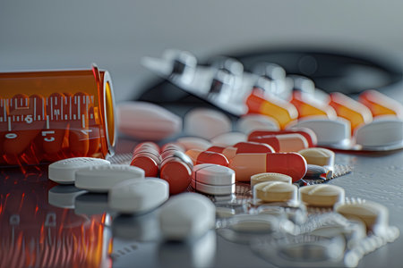 A close-up shot of various heart medications, including pills, capsules, and a heart rate monitor, arranged on a clean, clinical surface.の素材