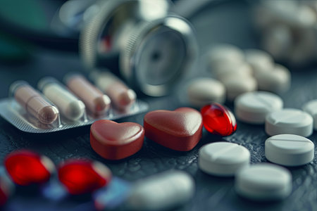 A close-up image of heart medications, including pills, capsules, and a stethoscope, arranged on a dark surface.の素材
