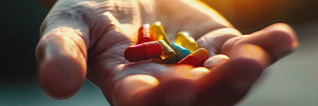 A close-up image of an open hand holding a few brightly colored pills. The background is softly blurred, creating a sense of intimacy.の素材